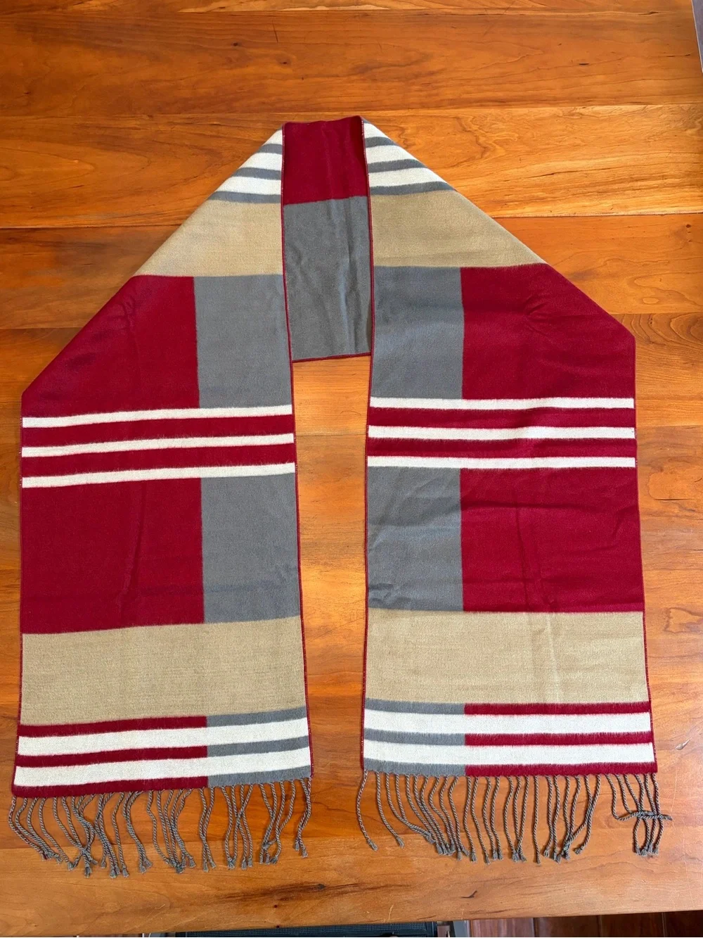 Silk Cozy Striped Fringe Throw Scarf in Red, Gray, and Tan